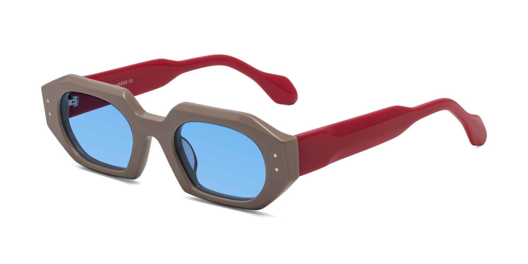 Angle of Molly in Pinkish Gray-Red with Medium Blue Tinted Lenses