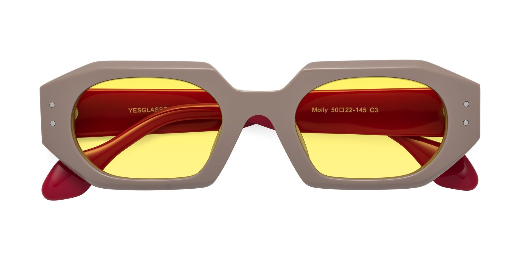 Folded Front of Molly in Pinkish Gray-Red with Medium Yellow Tinted Lenses