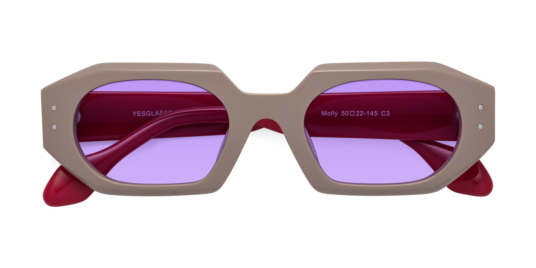 Folded Front of Molly in Pinkish Gray-Red with Medium Purple Tinted Lenses
