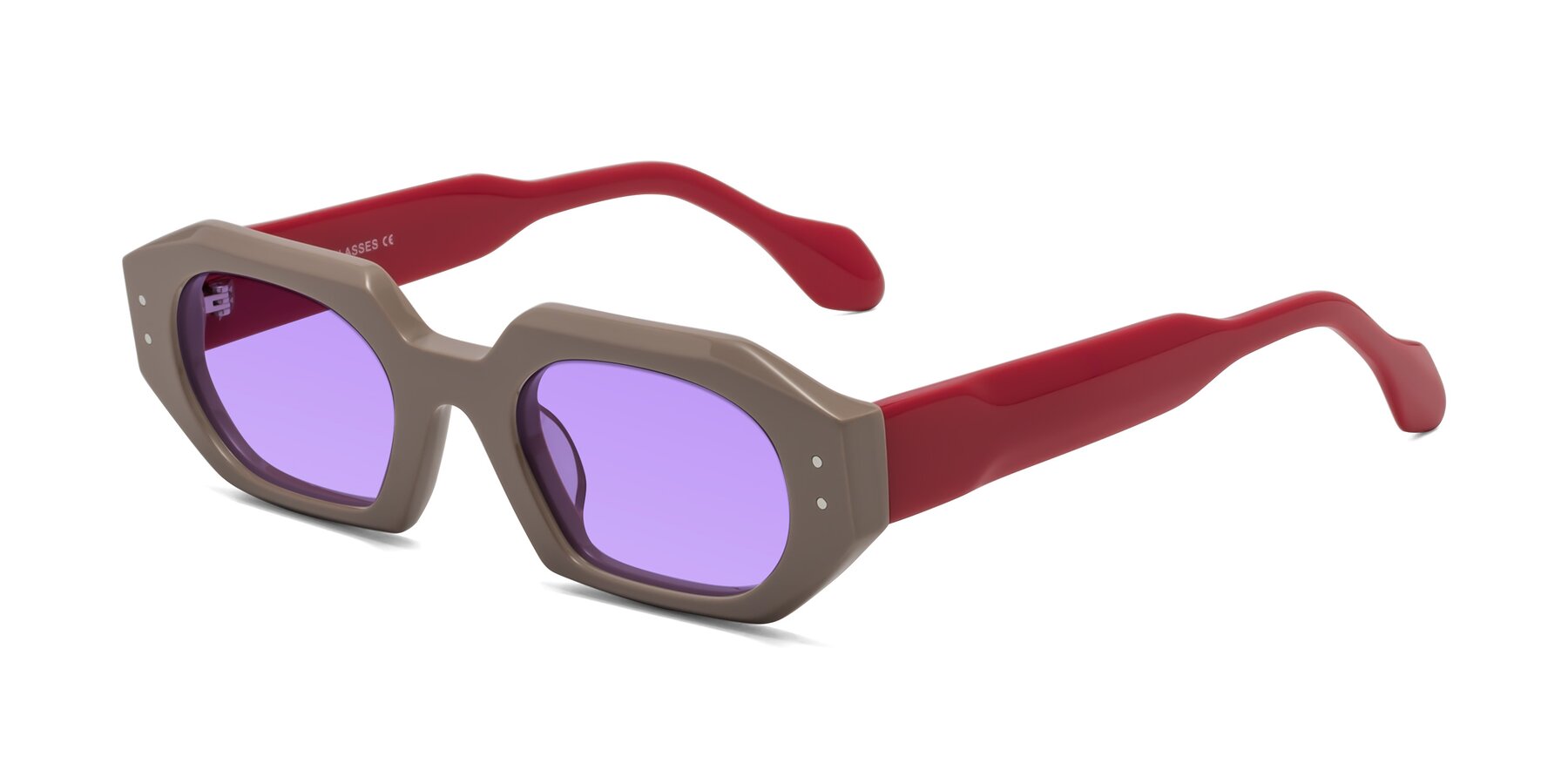 Angle of Molly in Pinkish Gray-Red with Medium Purple Tinted Lenses