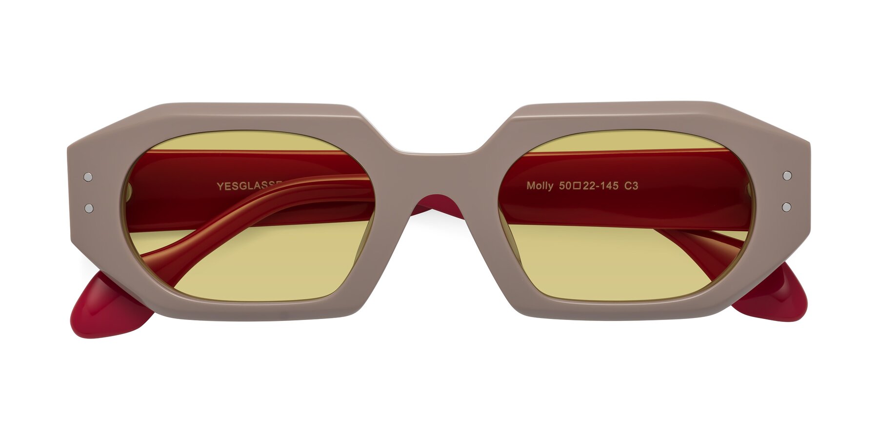 Folded Front of Molly in Pinkish Gray-Red with Medium Champagne Tinted Lenses