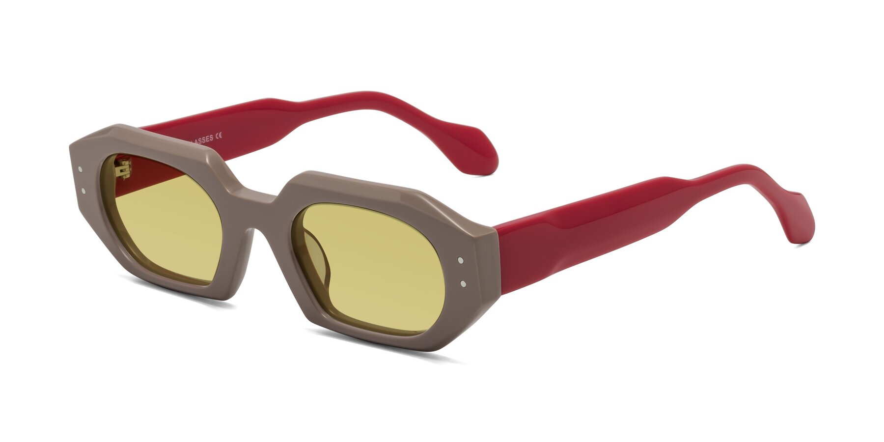 Angle of Molly in Pinkish Gray-Red with Medium Champagne Tinted Lenses