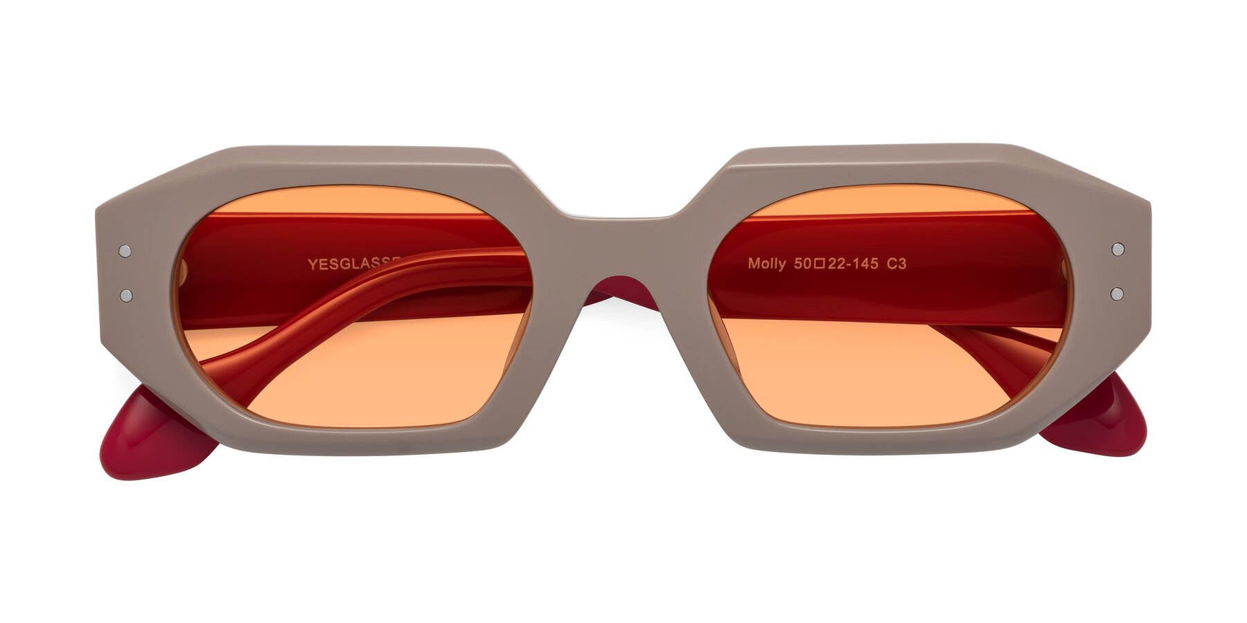 Folded Front of Molly in Pinkish Gray-Red with Medium Orange Tinted Lenses