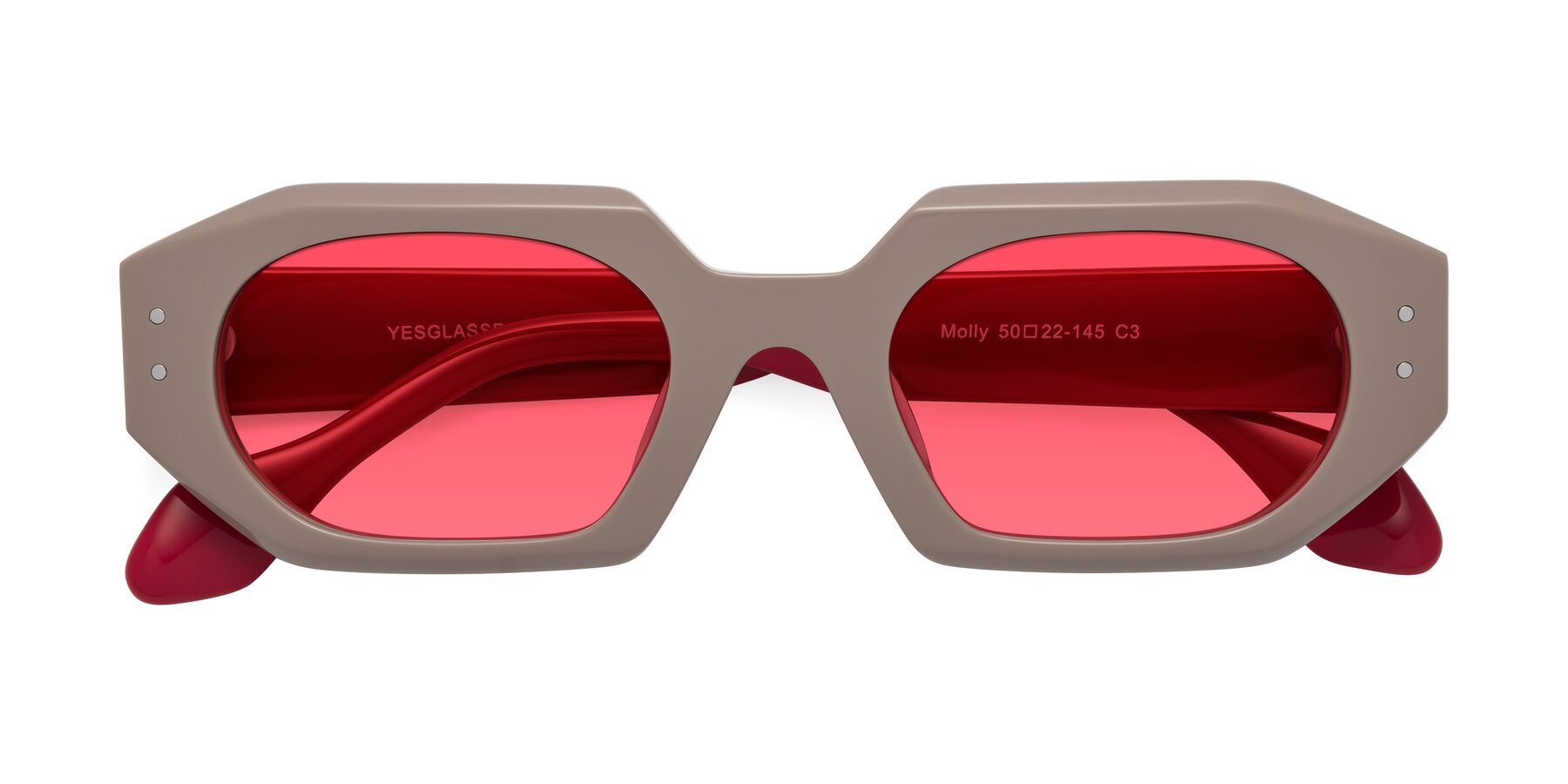 Folded Front of Molly in Pinkish Gray-Red with Red Tinted Lenses