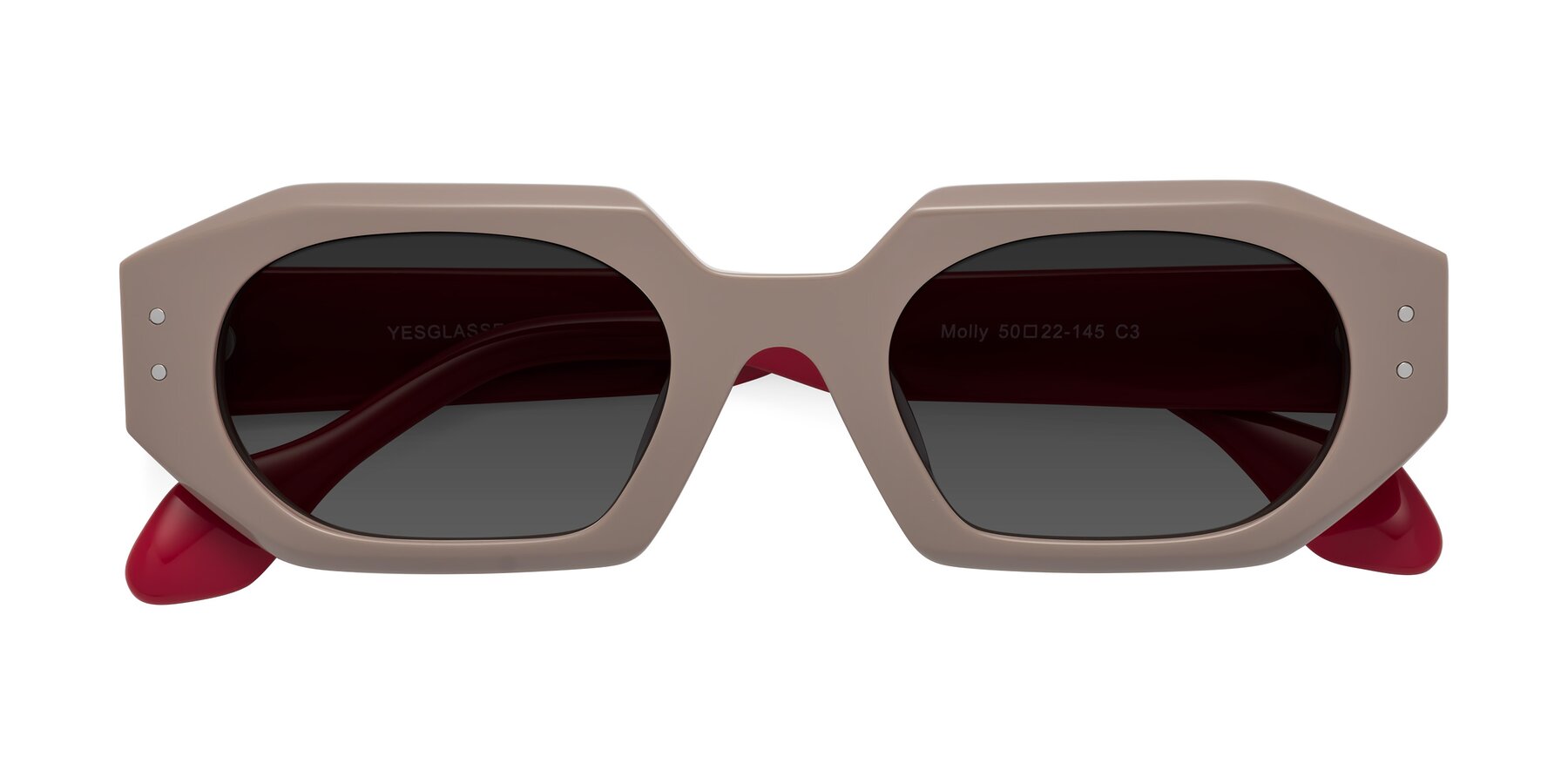 Folded Front of Molly in Pinkish Gray-Red with Gray Tinted Lenses