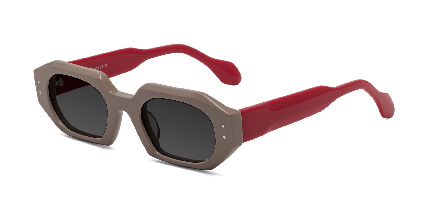 Angle of Molly in Pinkish Gray-Red with Gray Tinted Lenses