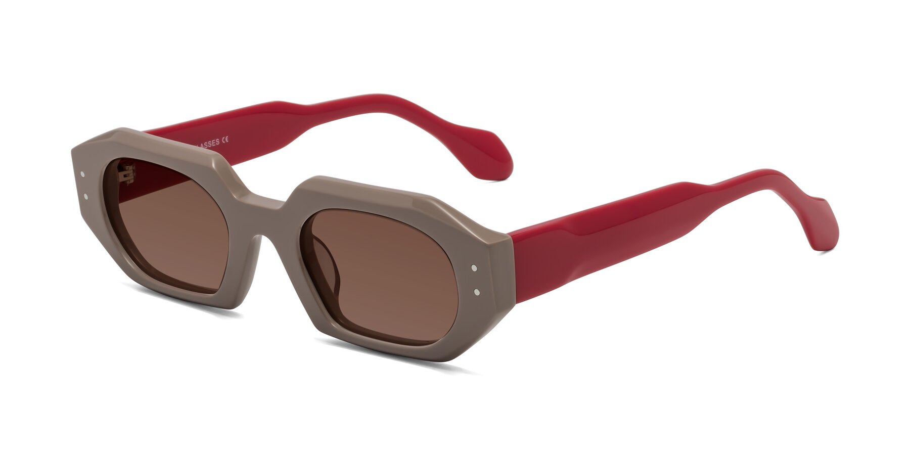 Angle of Molly in Pinkish Gray-Red with Brown Tinted Lenses
