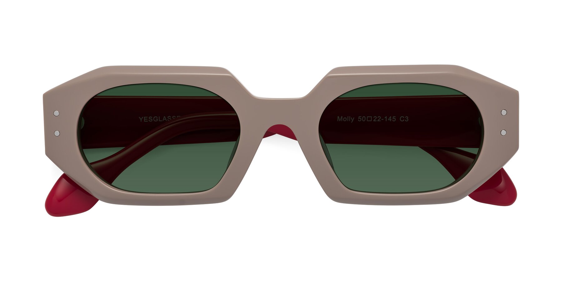 Folded Front of Molly in Pinkish Gray-Red with Green Tinted Lenses