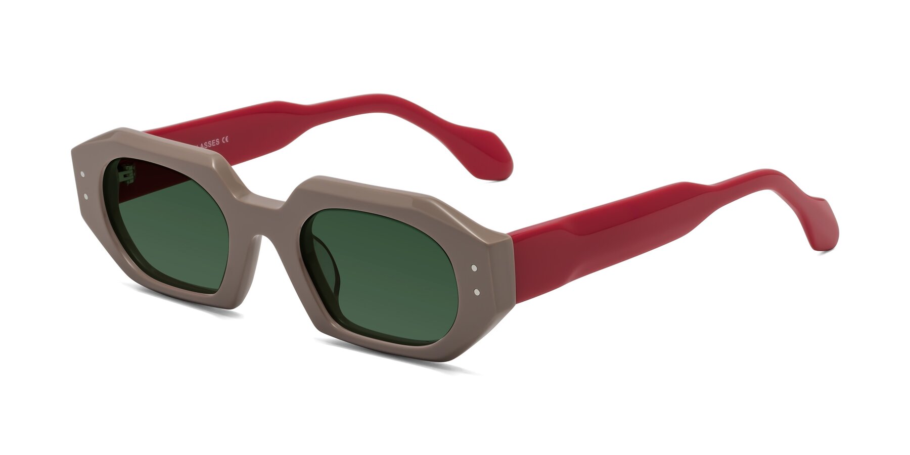 Angle of Molly in Pinkish Gray-Red with Green Tinted Lenses