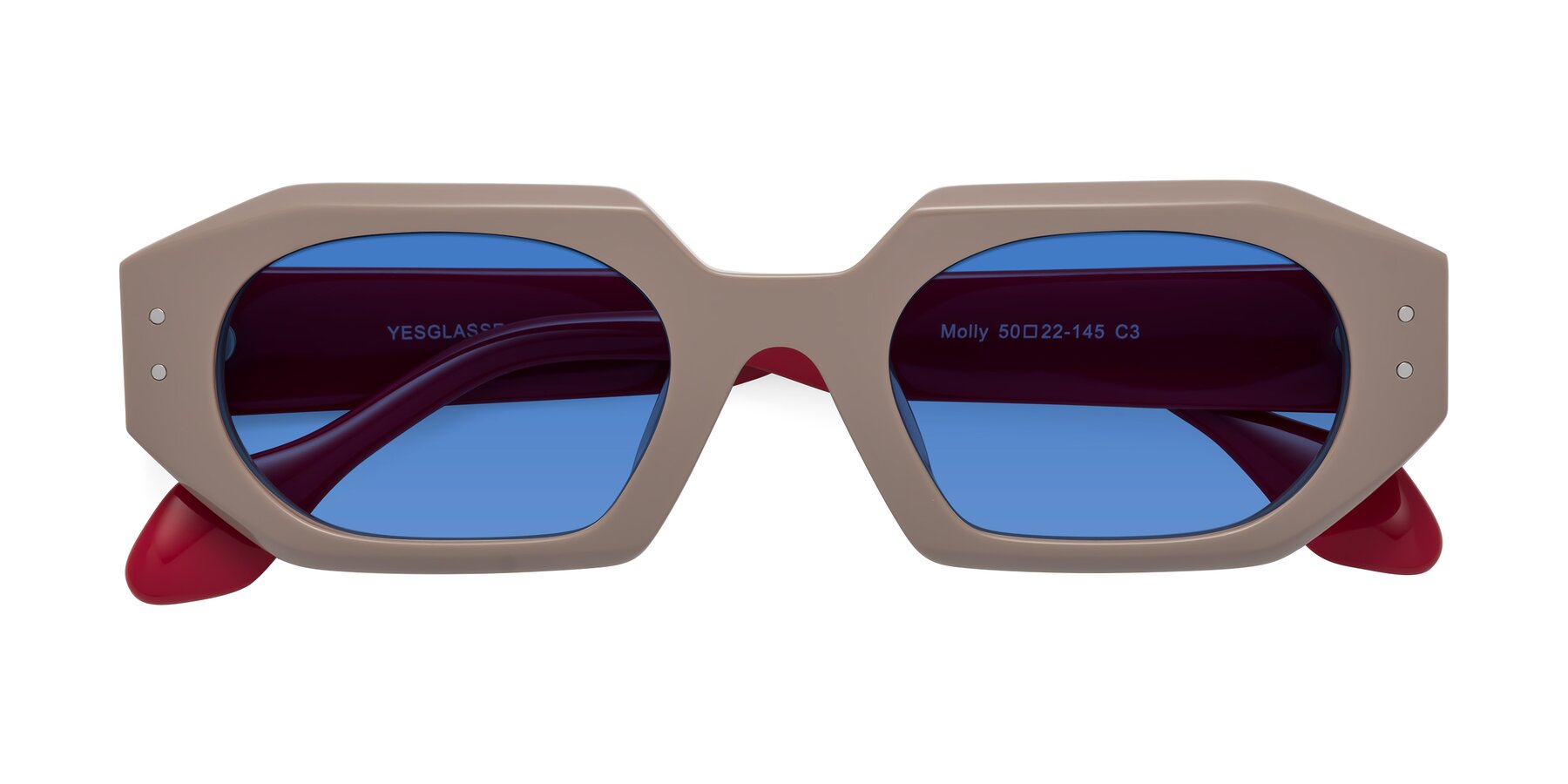 Folded Front of Molly in Pinkish Gray-Red with Blue Tinted Lenses