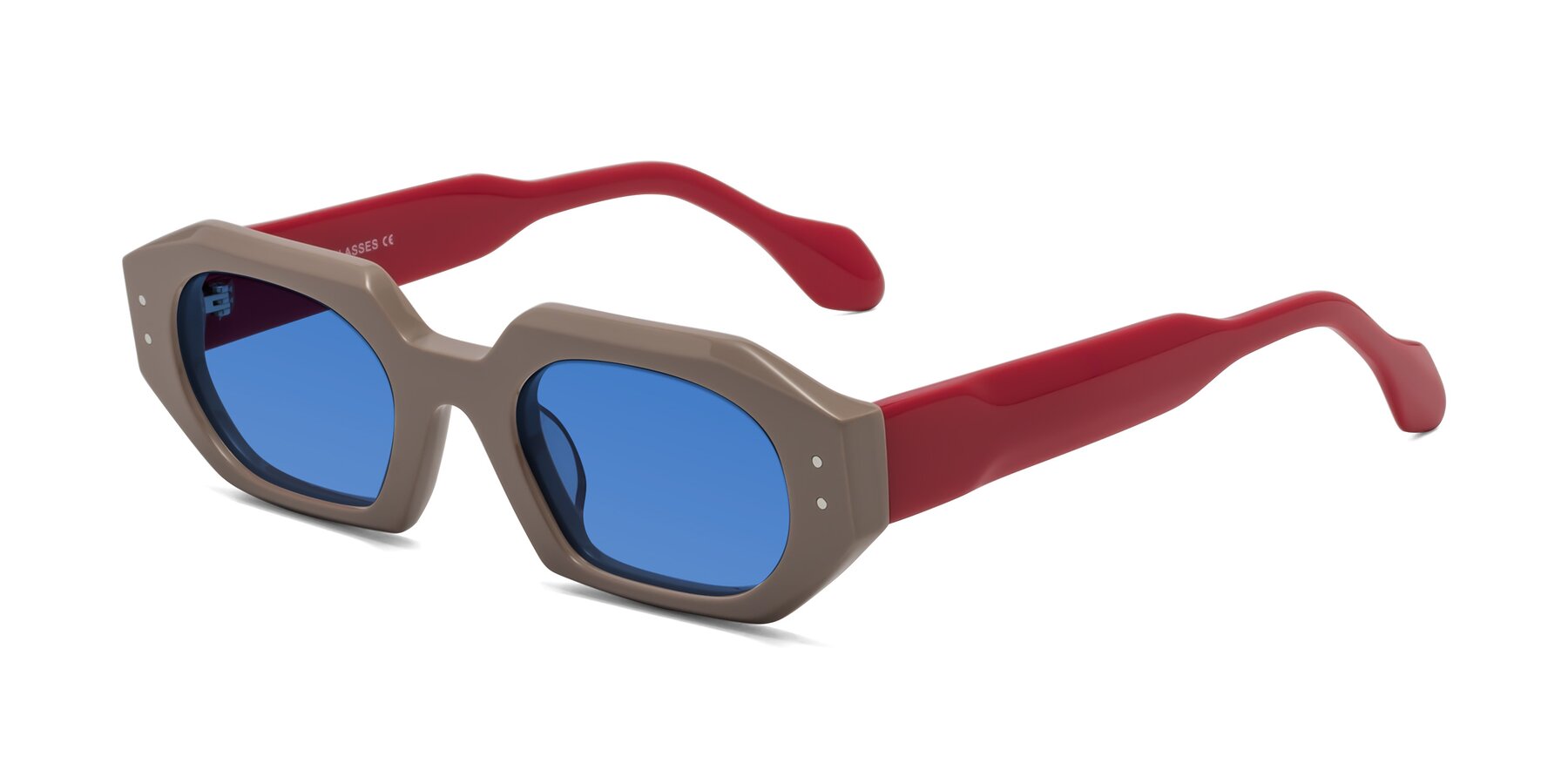 Angle of Molly in Pinkish Gray-Red with Blue Tinted Lenses