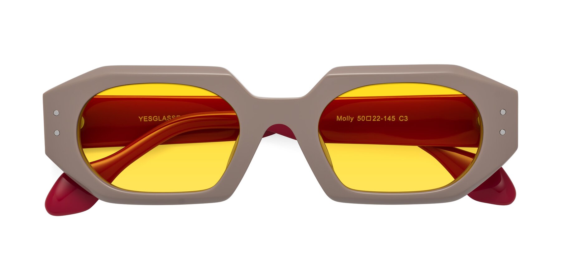 Folded Front of Molly in Pinkish Gray-Red with Yellow Tinted Lenses