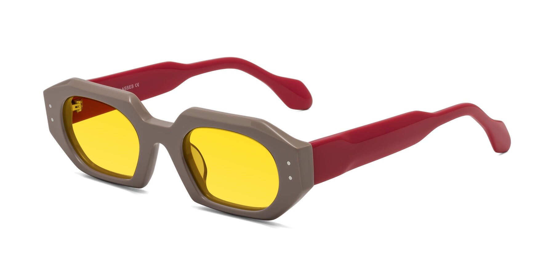 Angle of Molly in Pinkish Gray-Red with Yellow Tinted Lenses