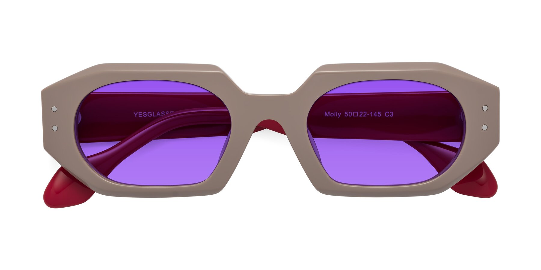 Folded Front of Molly in Pinkish Gray-Red with Purple Tinted Lenses