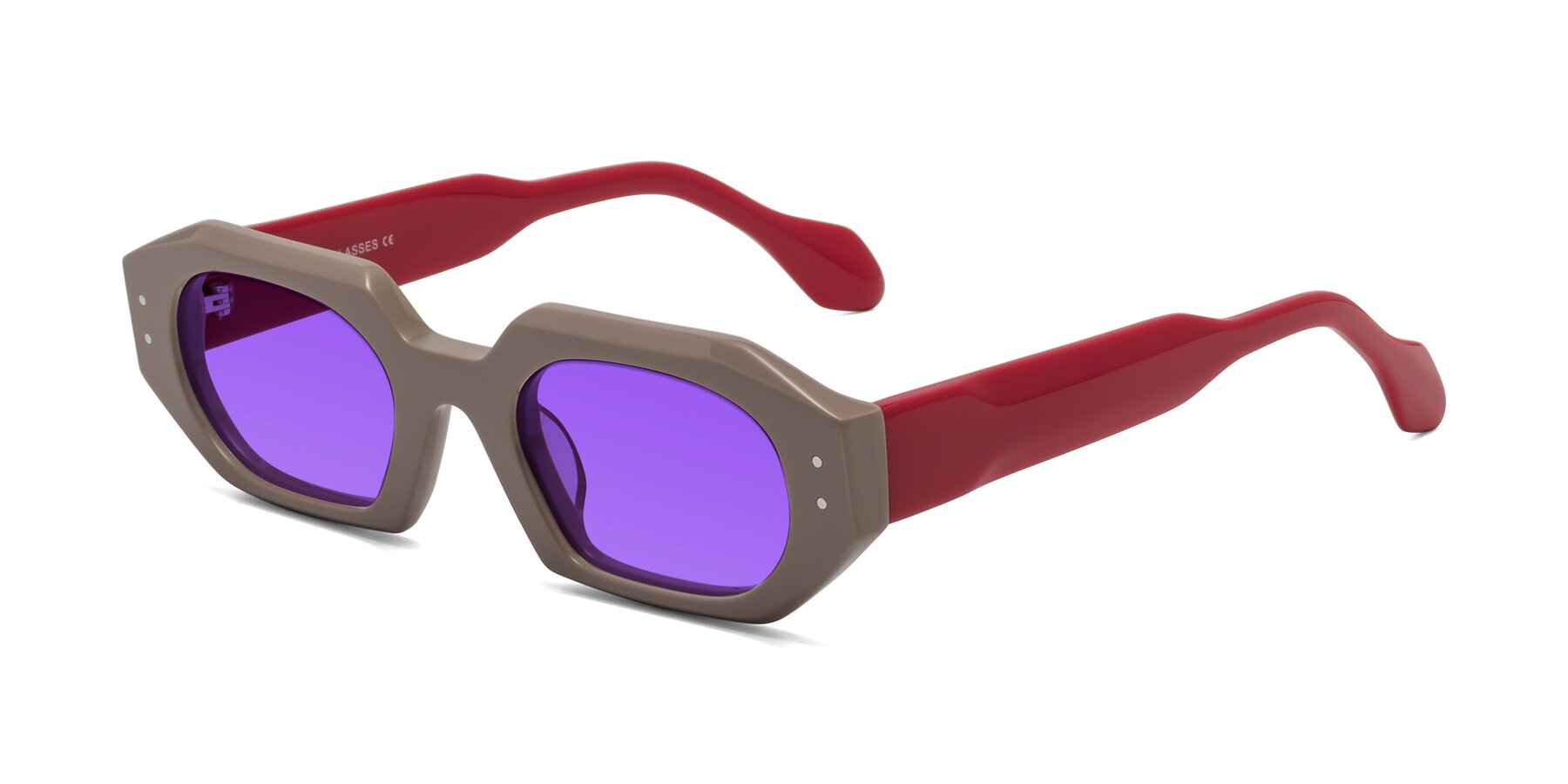 Angle of Molly in Pinkish Gray-Red with Purple Tinted Lenses