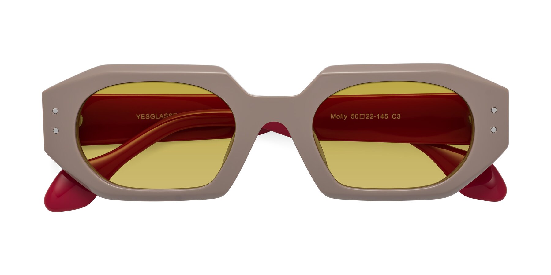Folded Front of Molly in Pinkish Gray-Red with Champagne Tinted Lenses