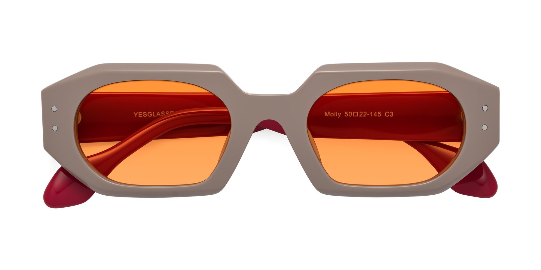 Folded Front of Molly in Pinkish Gray-Red with Orange Tinted Lenses