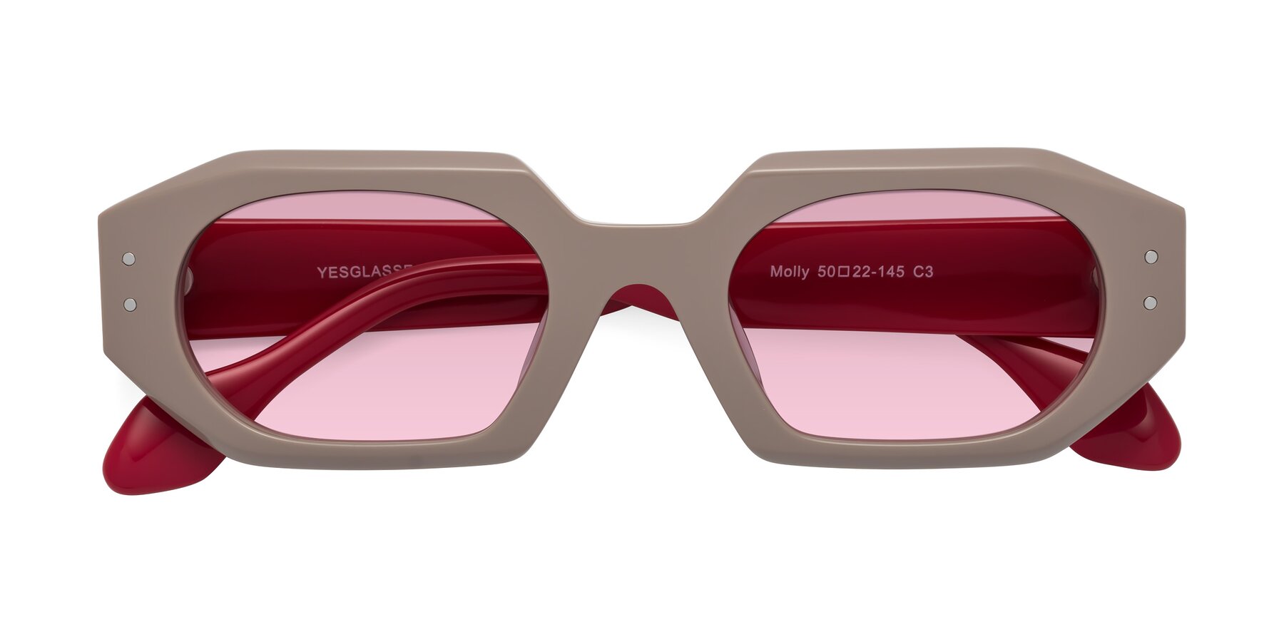 Folded Front of Molly in Pinkish Gray-Red with Light Wine Tinted Lenses