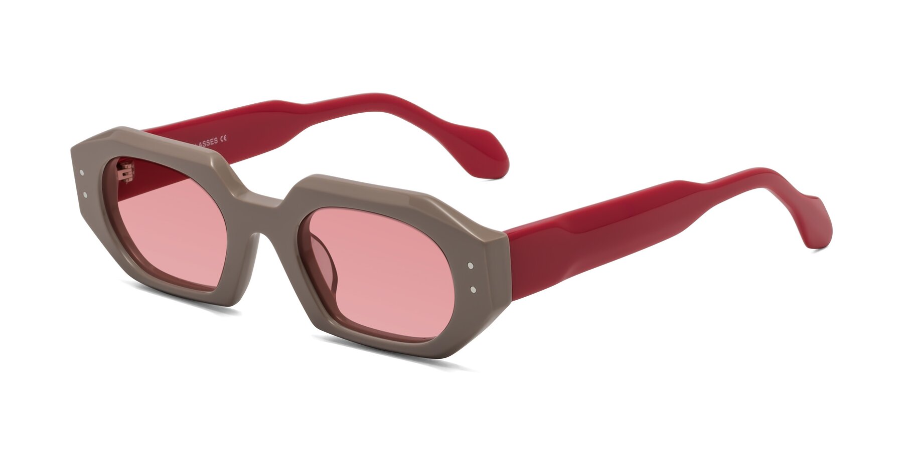 Angle of Molly in Pinkish Gray-Red with Medium Garnet Tinted Lenses