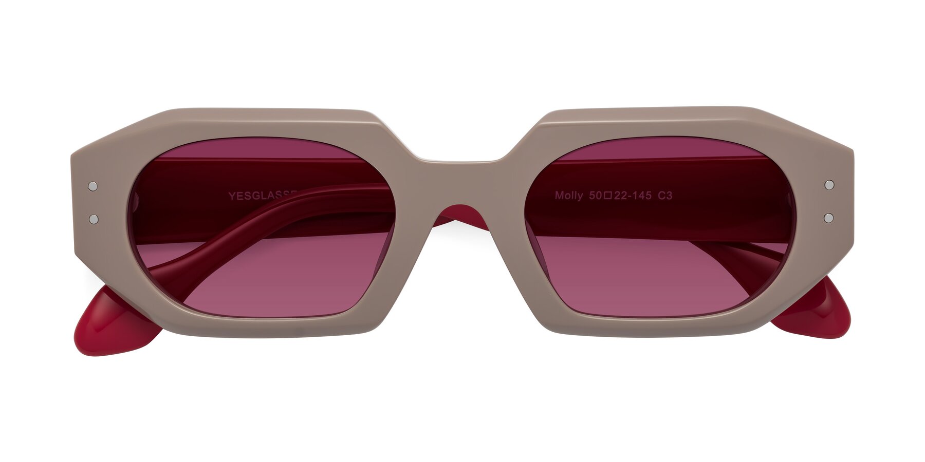 Folded Front of Molly in Pinkish Gray-Red with Wine Tinted Lenses