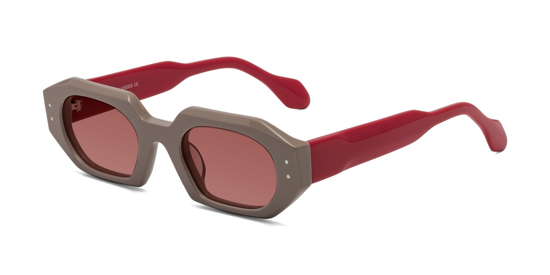 Angle of Molly in Pinkish Gray-Red with Garnet Tinted Lenses