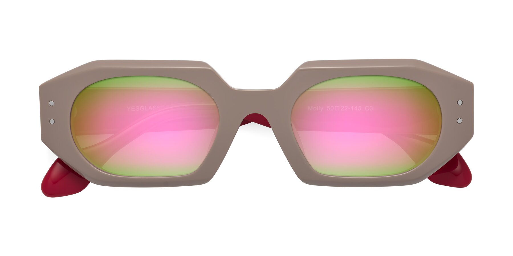 Folded Front of Molly in Pinkish Gray-Red with Pink Mirrored Lenses