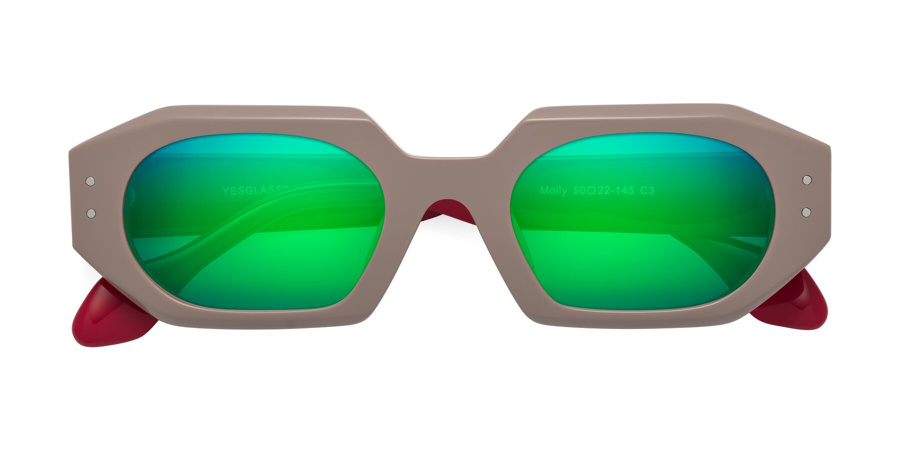 Folded Front of Molly in Pinkish Gray-Red with Green Mirrored Lenses
