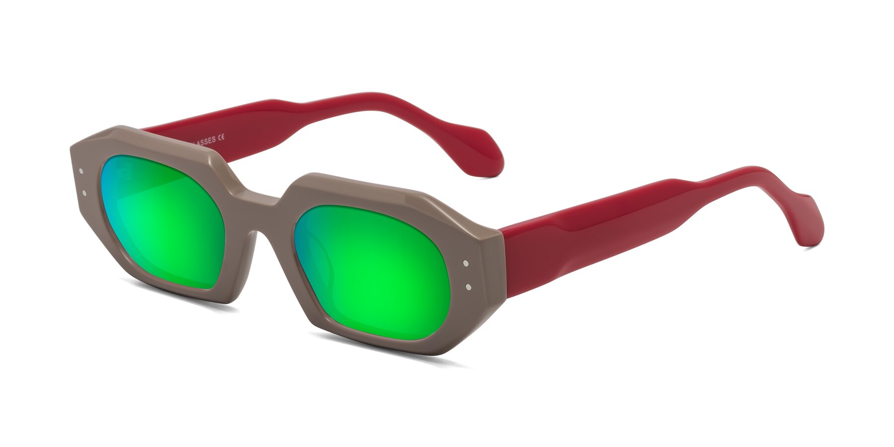 Angle of Molly in Pinkish Gray-Red with Green Mirrored Lenses