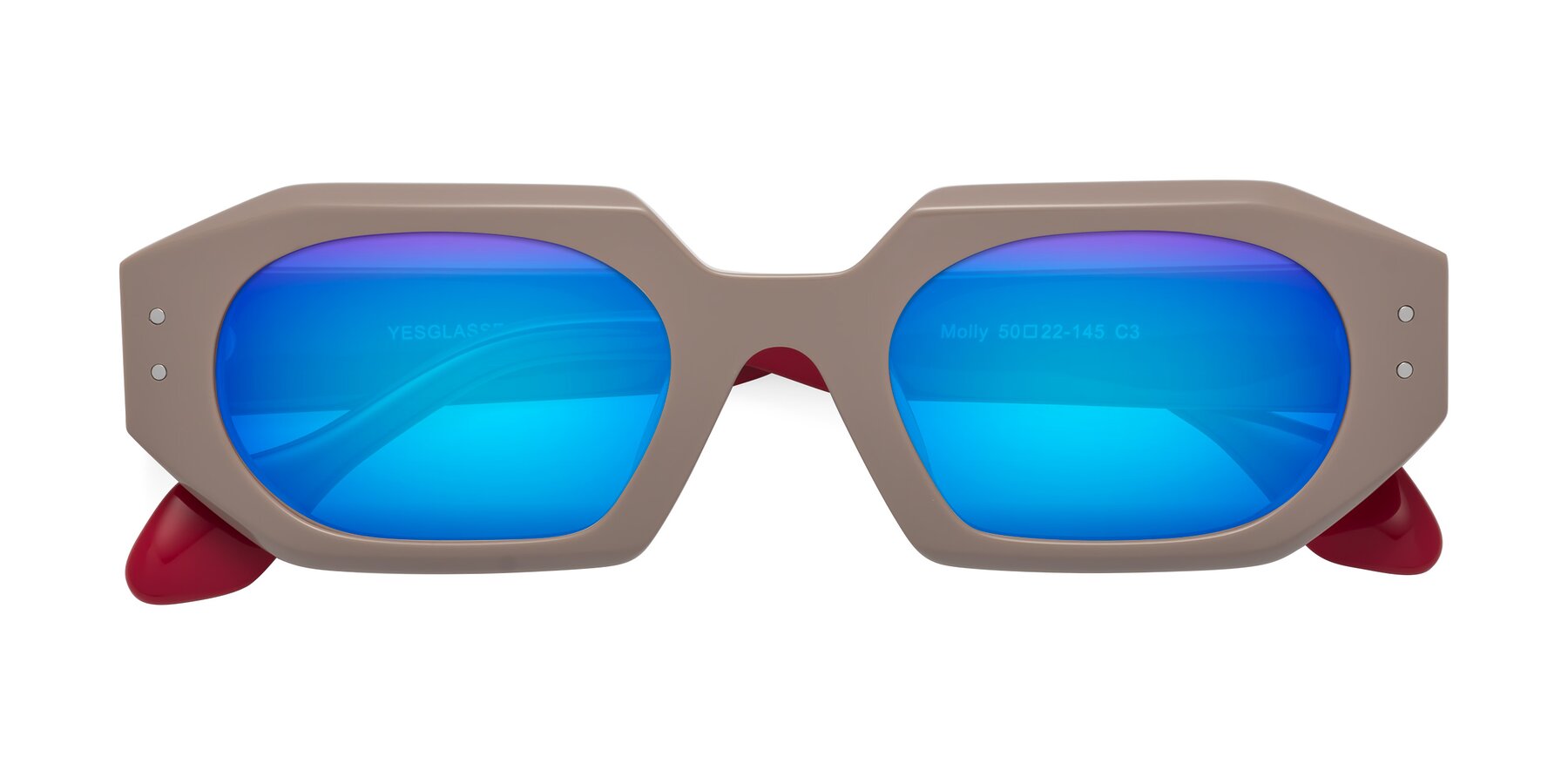 Folded Front of Molly in Pinkish Gray-Red with Blue Mirrored Lenses