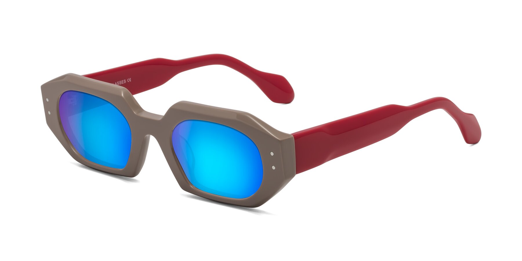 Angle of Molly in Pinkish Gray-Red with Blue Mirrored Lenses