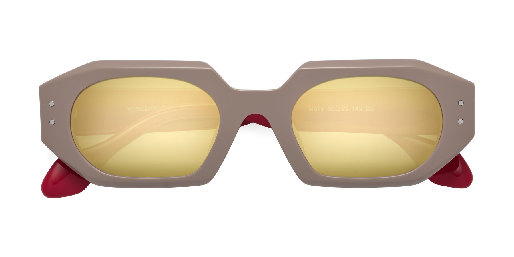Folded Front of Molly in Pinkish Gray-Red with Gold Mirrored Lenses