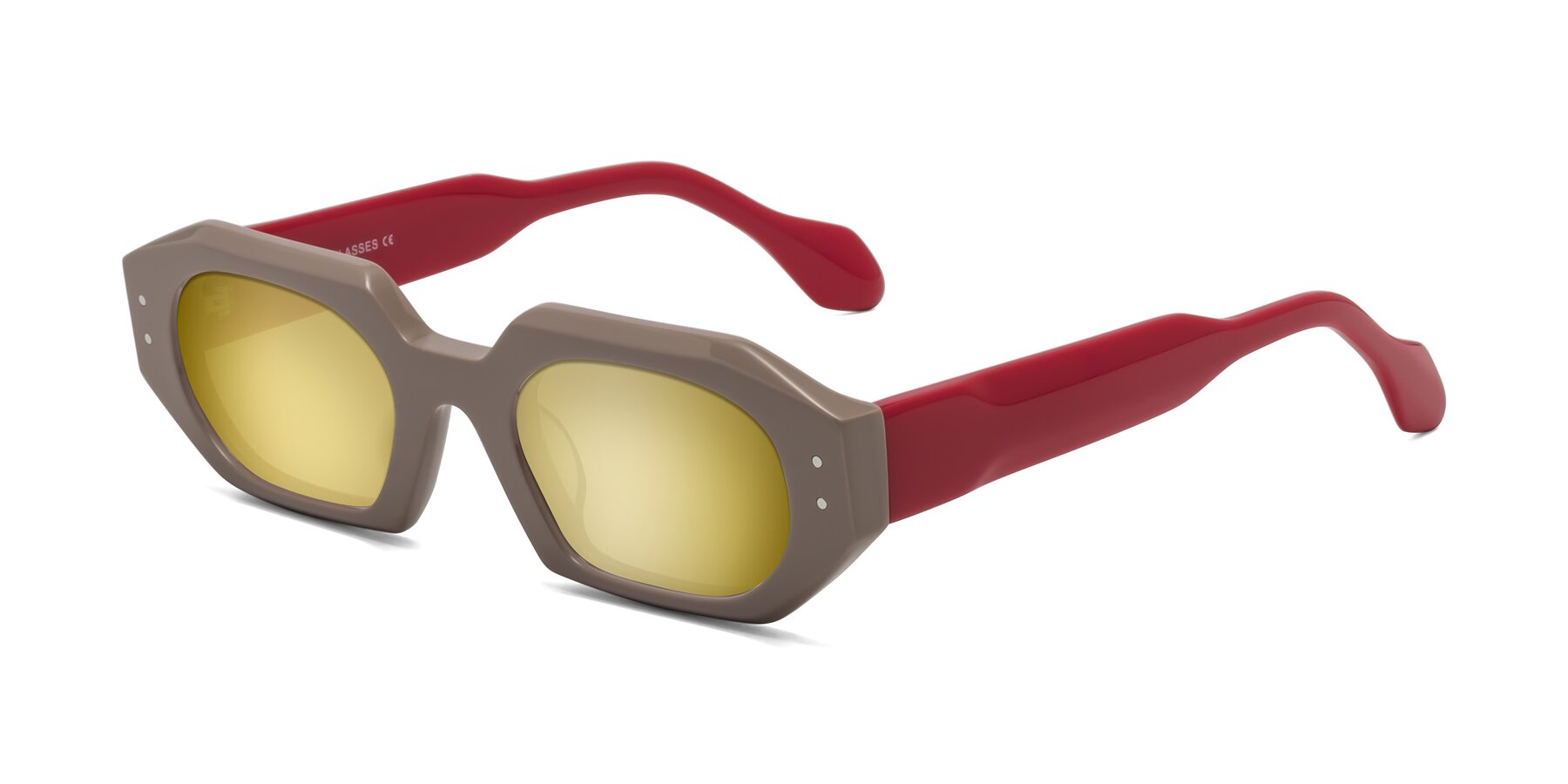 Angle of Molly in Pinkish Gray-Red with Gold Mirrored Lenses
