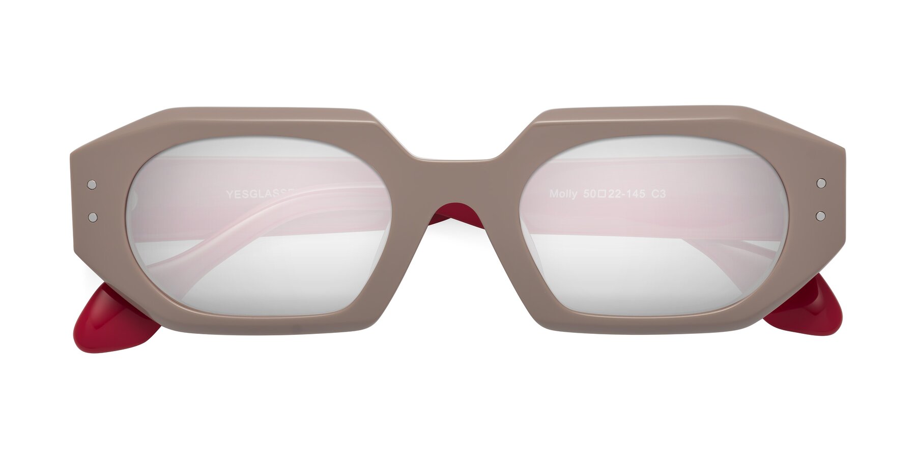 Folded Front of Molly in Pinkish Gray-Red with Silver Mirrored Lenses
