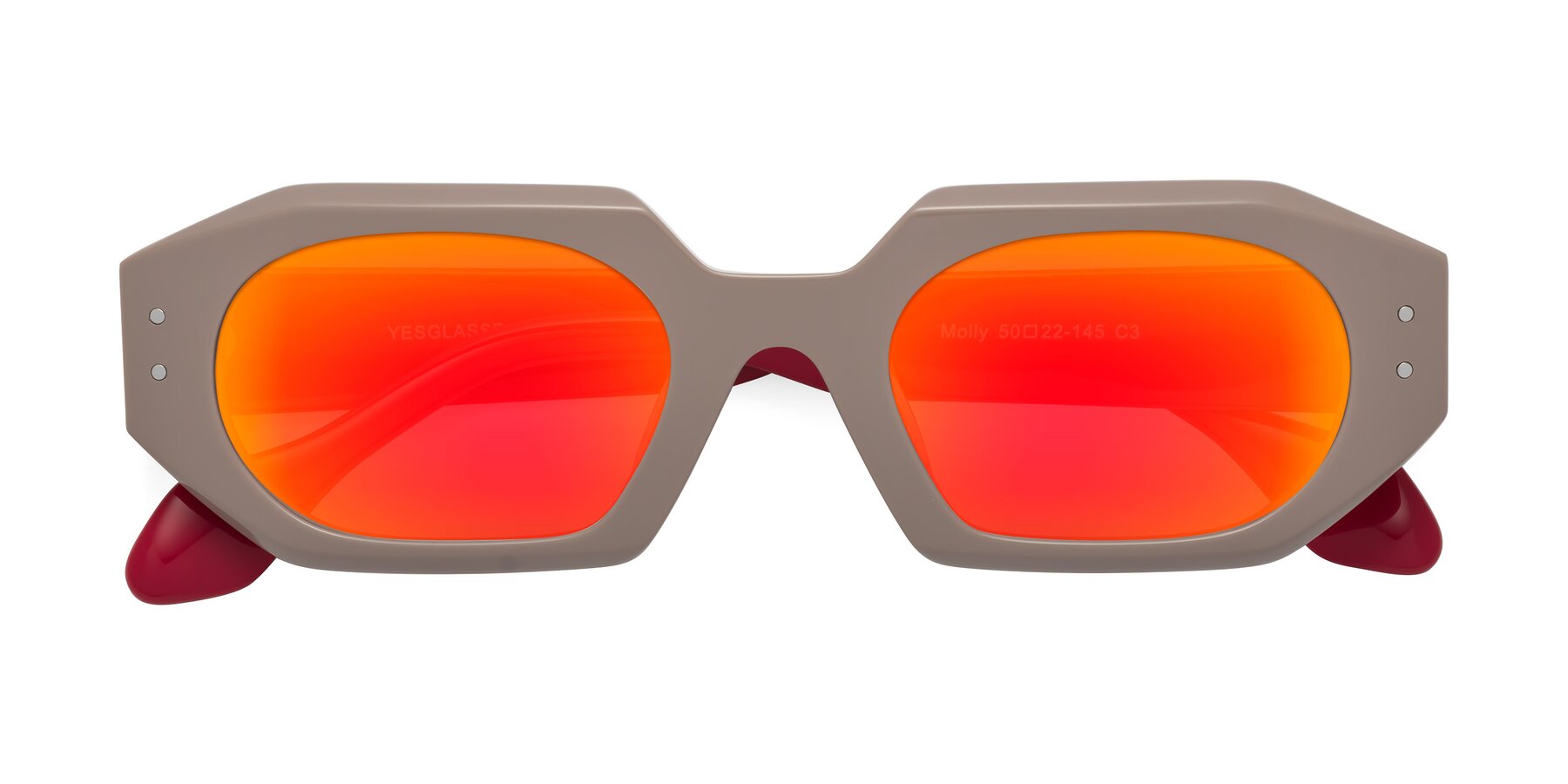Folded Front of Molly in Pinkish Gray-Red with Red Gold Mirrored Lenses
