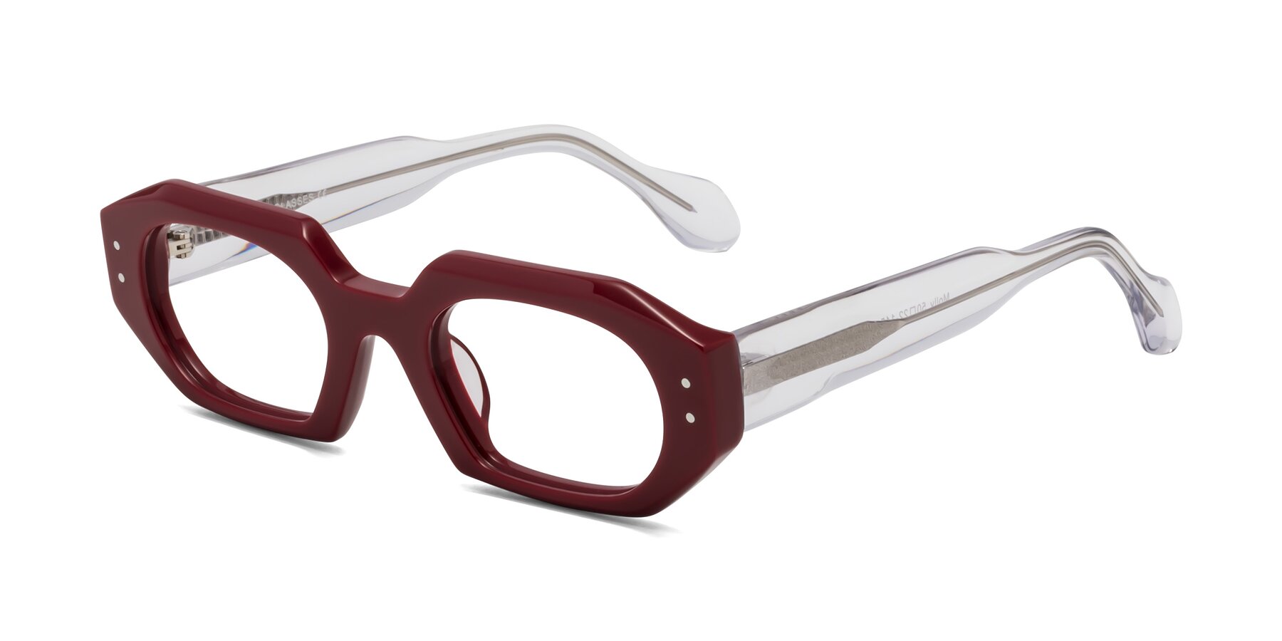 Angle of Molly in Maroon-Clear with Clear Eyeglass Lenses