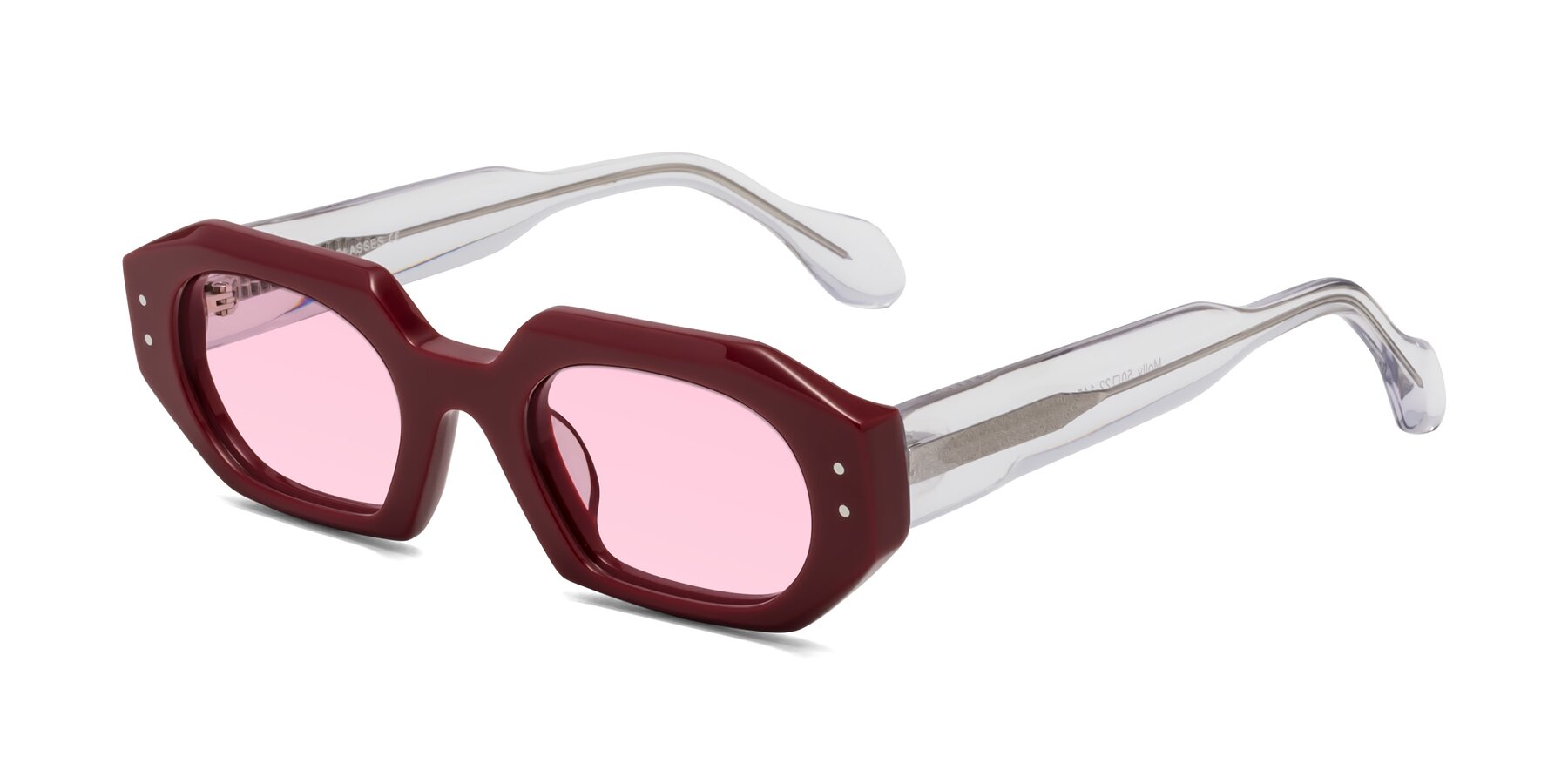 Angle of Molly in Maroon-Clear with Light Pink Tinted Lenses