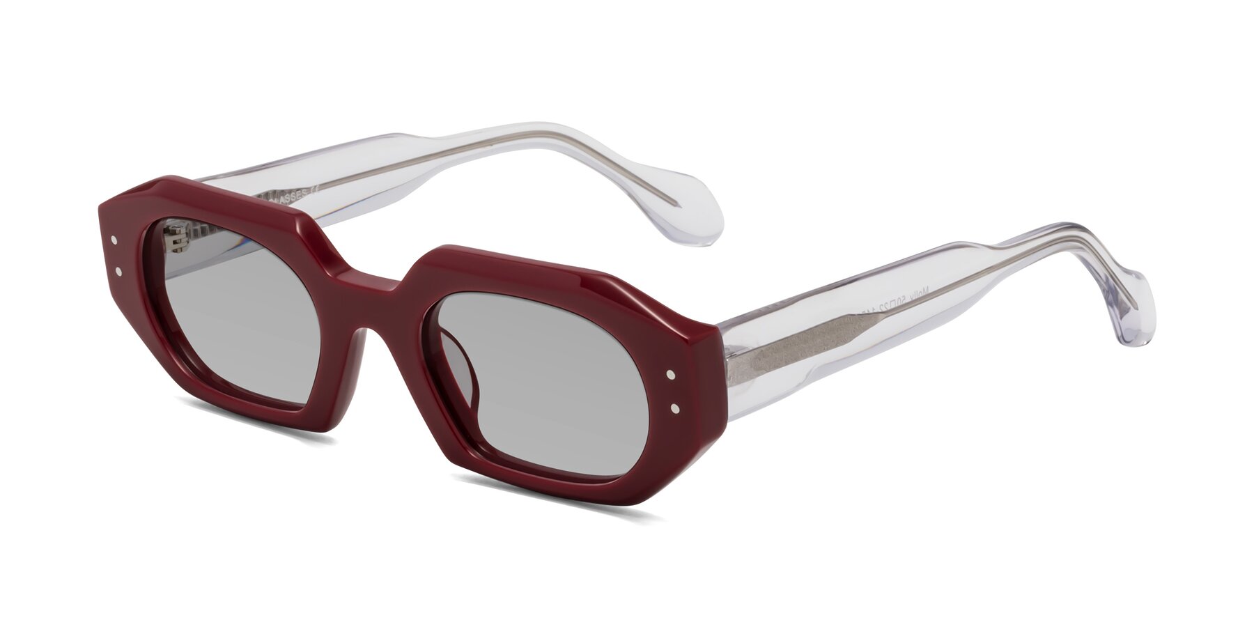 Angle of Molly in Maroon-Clear with Light Gray Tinted Lenses