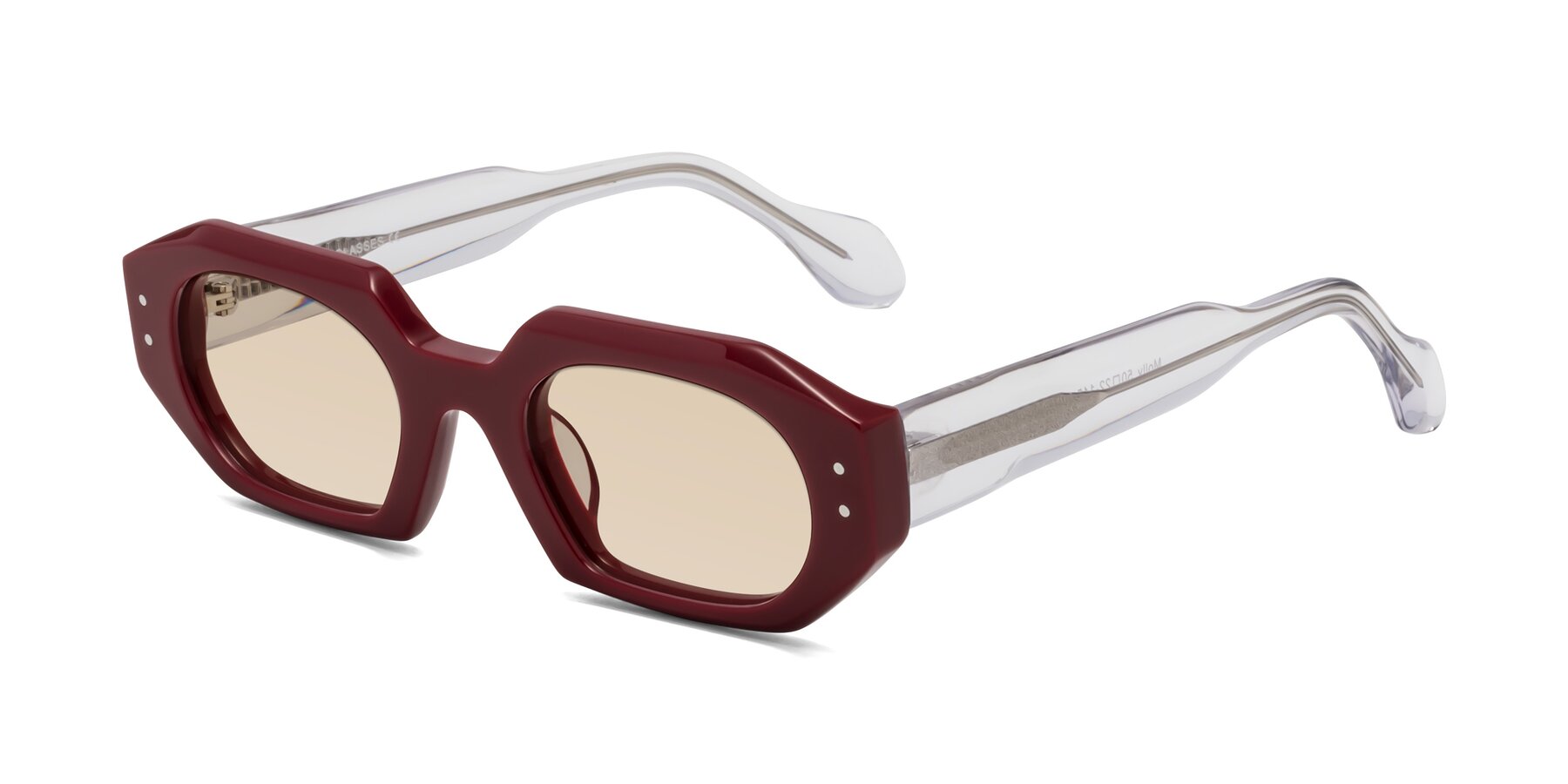 Angle of Molly in Maroon-Clear with Light Brown Tinted Lenses