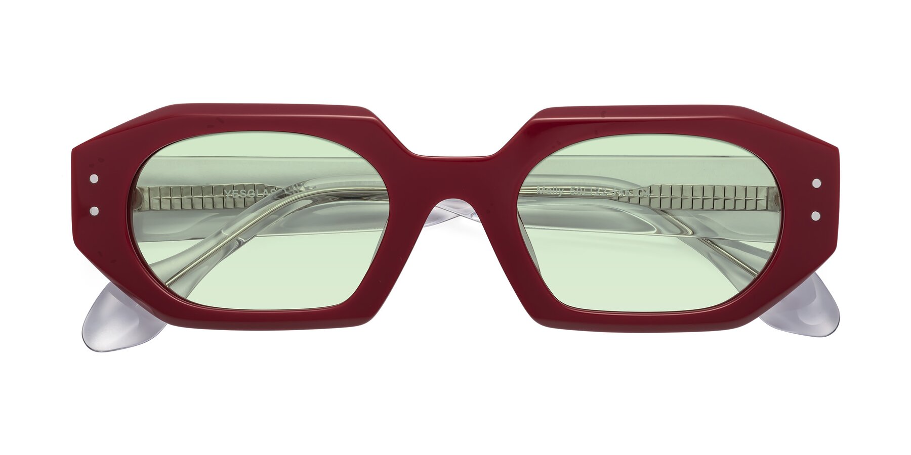 Folded Front of Molly in Maroon-Clear with Light Green Tinted Lenses