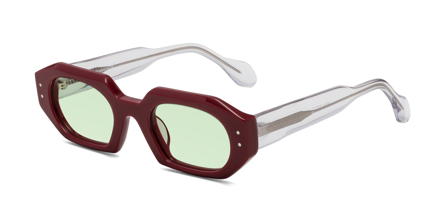 Angle of Molly in Maroon-Clear with Light Green Tinted Lenses