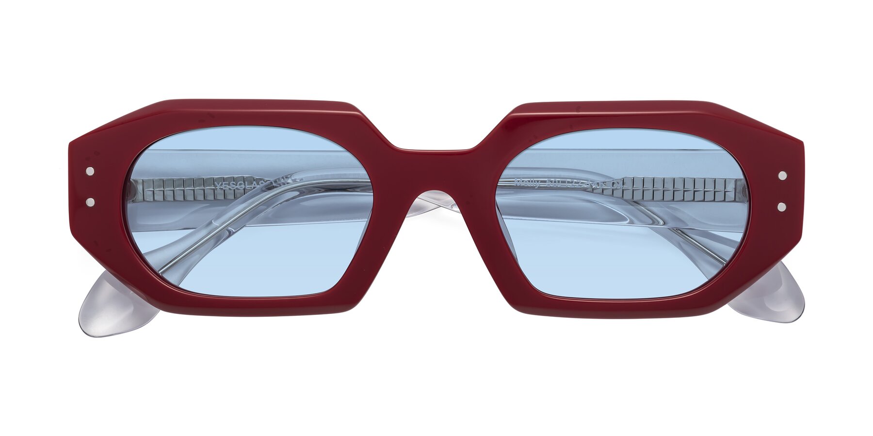 Folded Front of Molly in Maroon-Clear with Light Blue Tinted Lenses