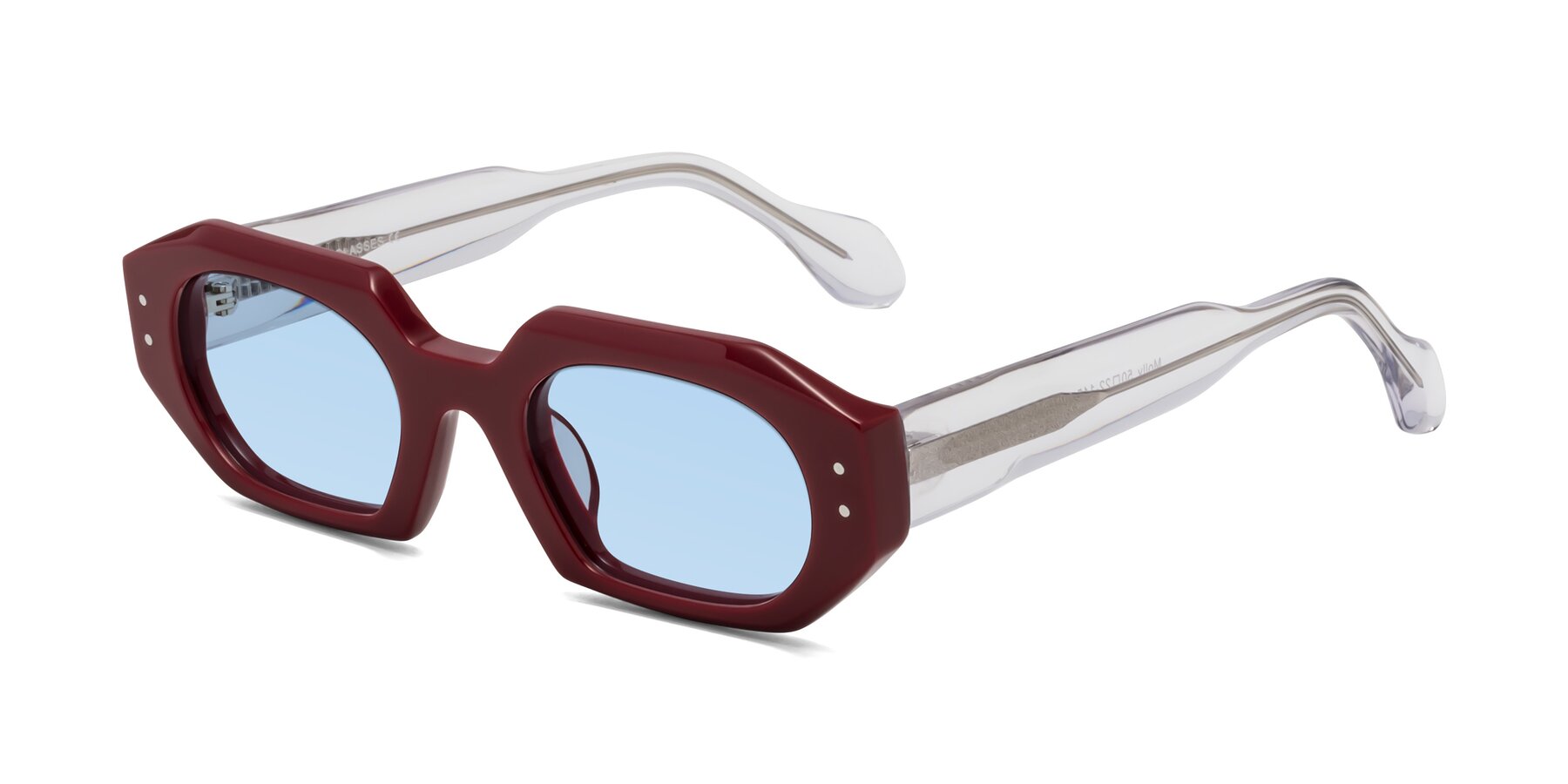 Angle of Molly in Maroon-Clear with Light Blue Tinted Lenses