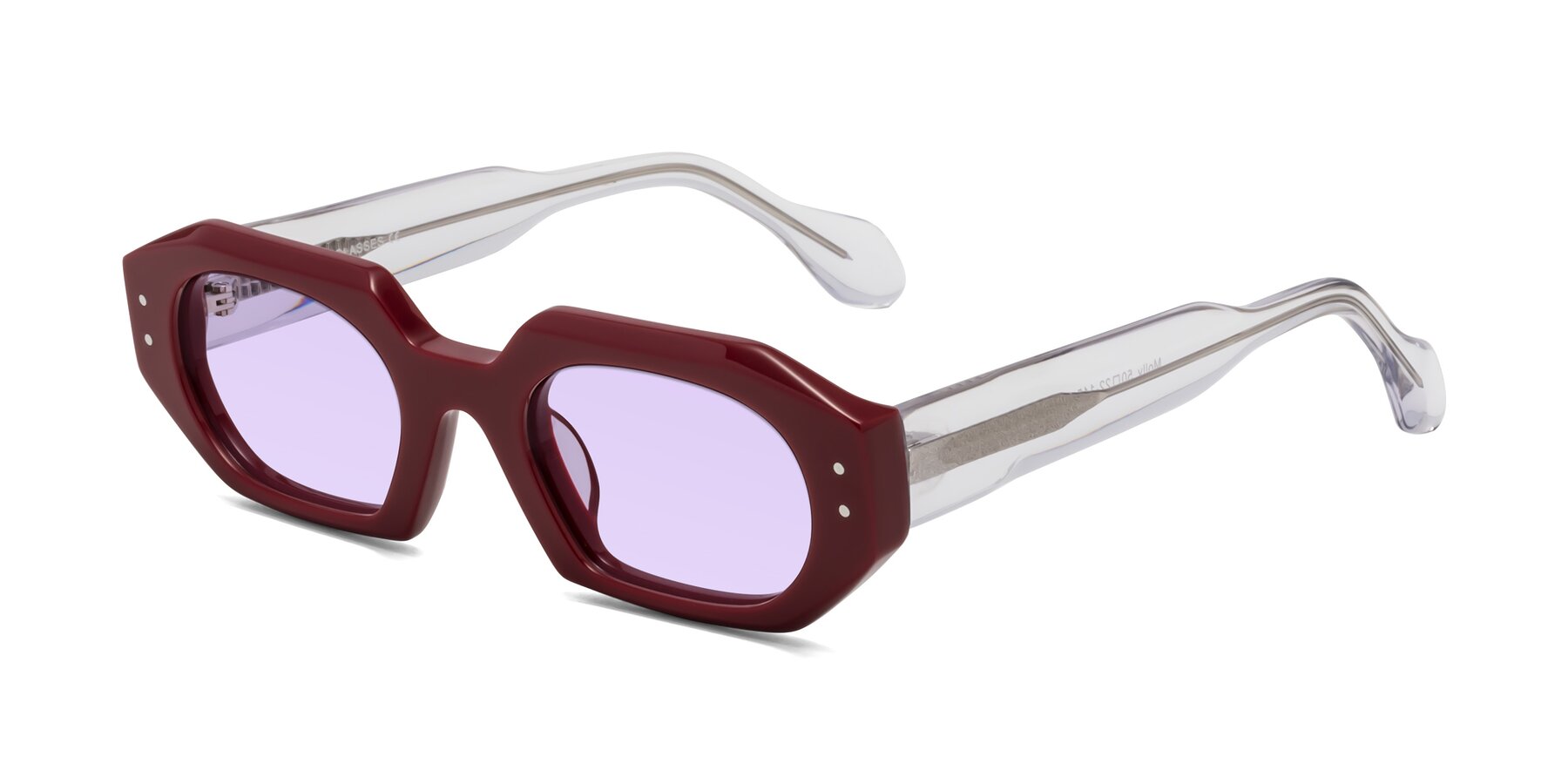 Angle of Molly in Maroon-Clear with Light Purple Tinted Lenses