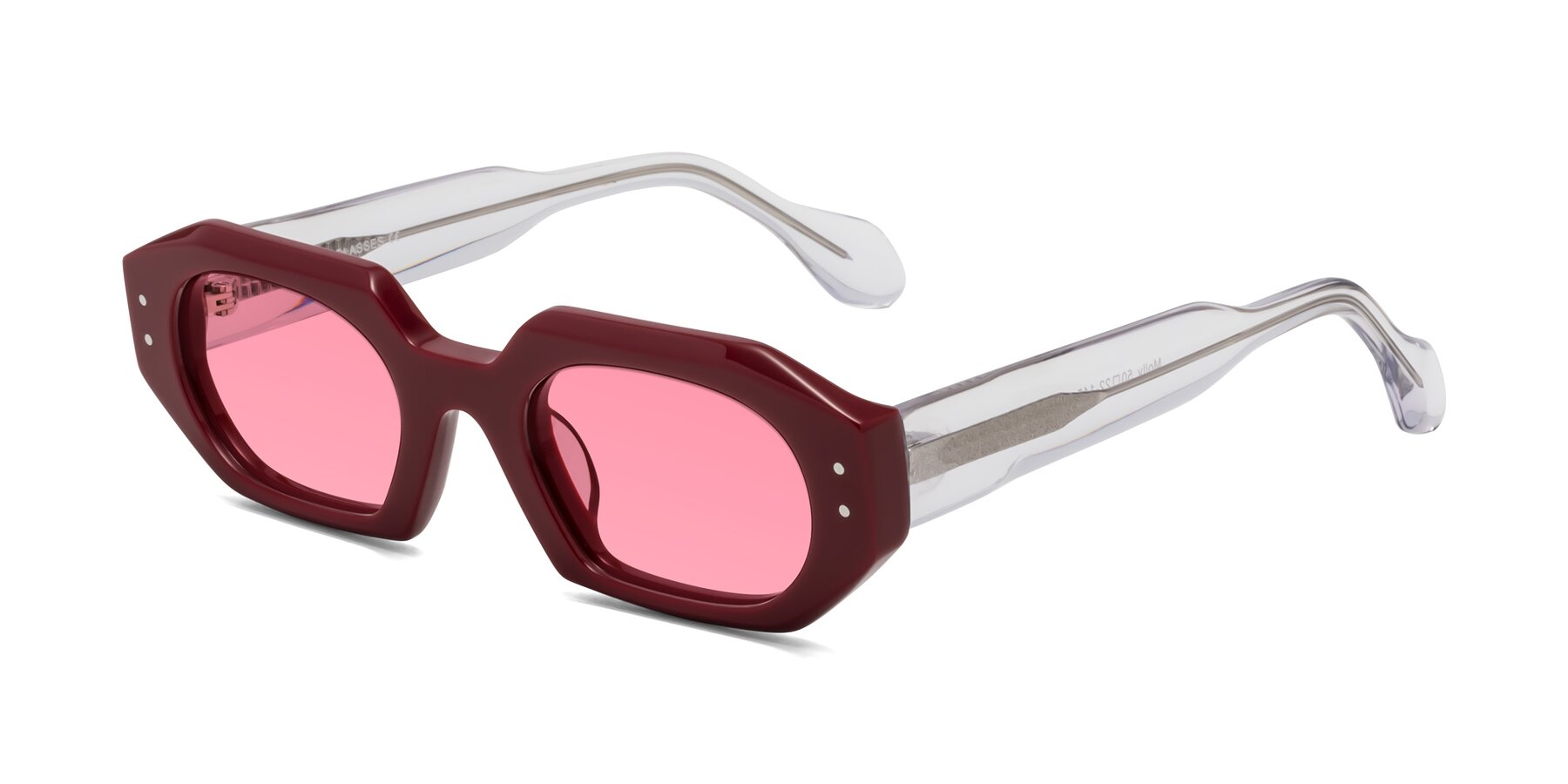 Angle of Molly in Maroon-Clear with Pink Tinted Lenses
