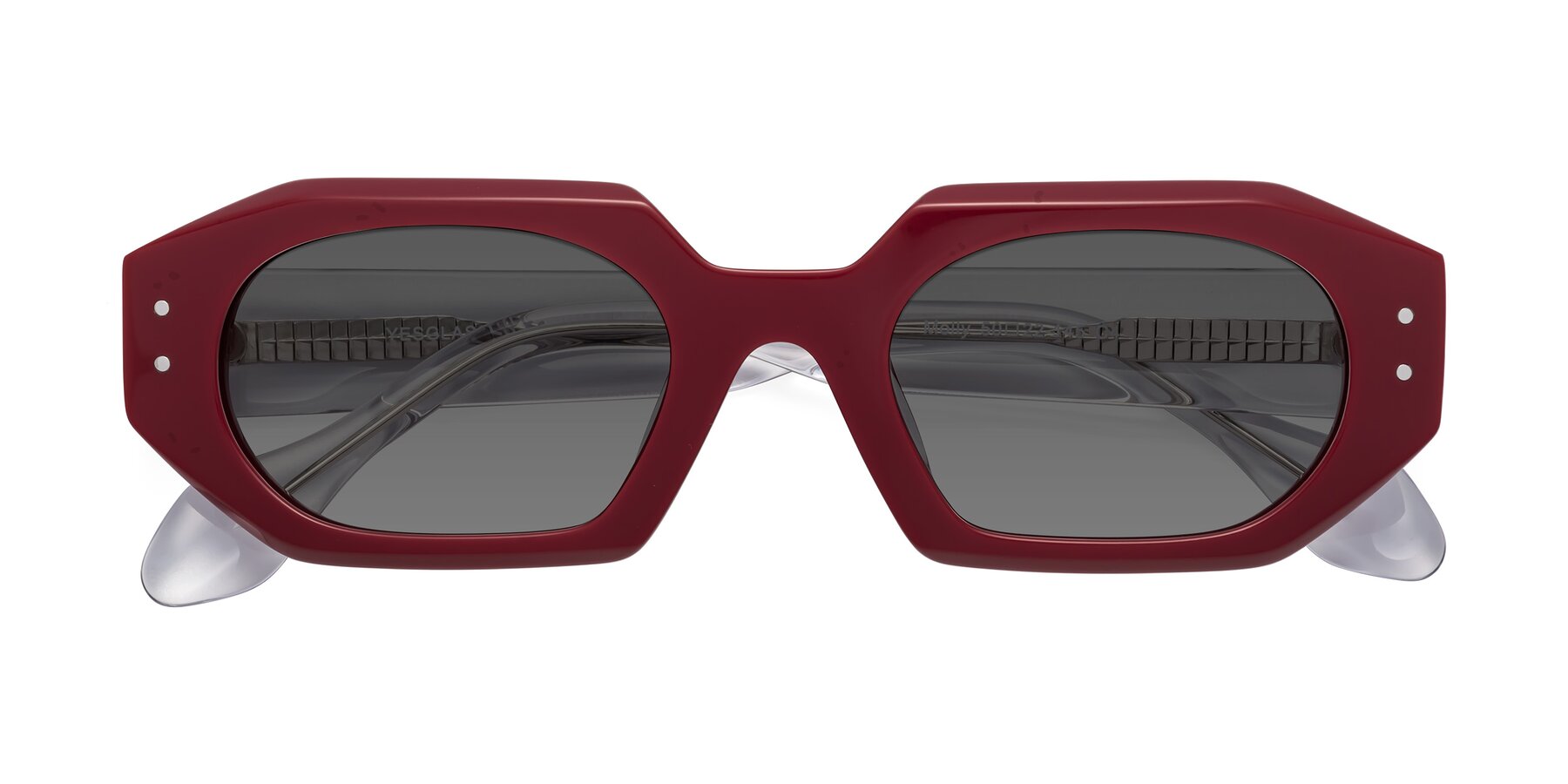 Folded Front of Molly in Maroon-Clear with Medium Gray Tinted Lenses