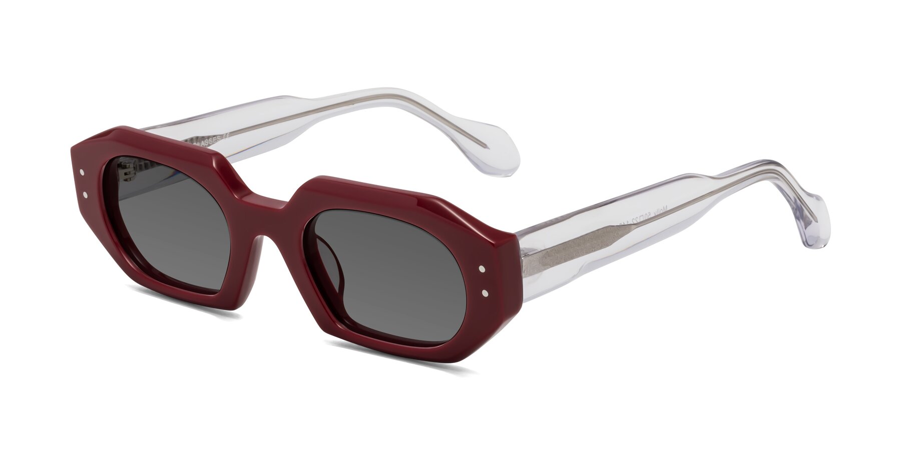 Angle of Molly in Maroon-Clear with Medium Gray Tinted Lenses