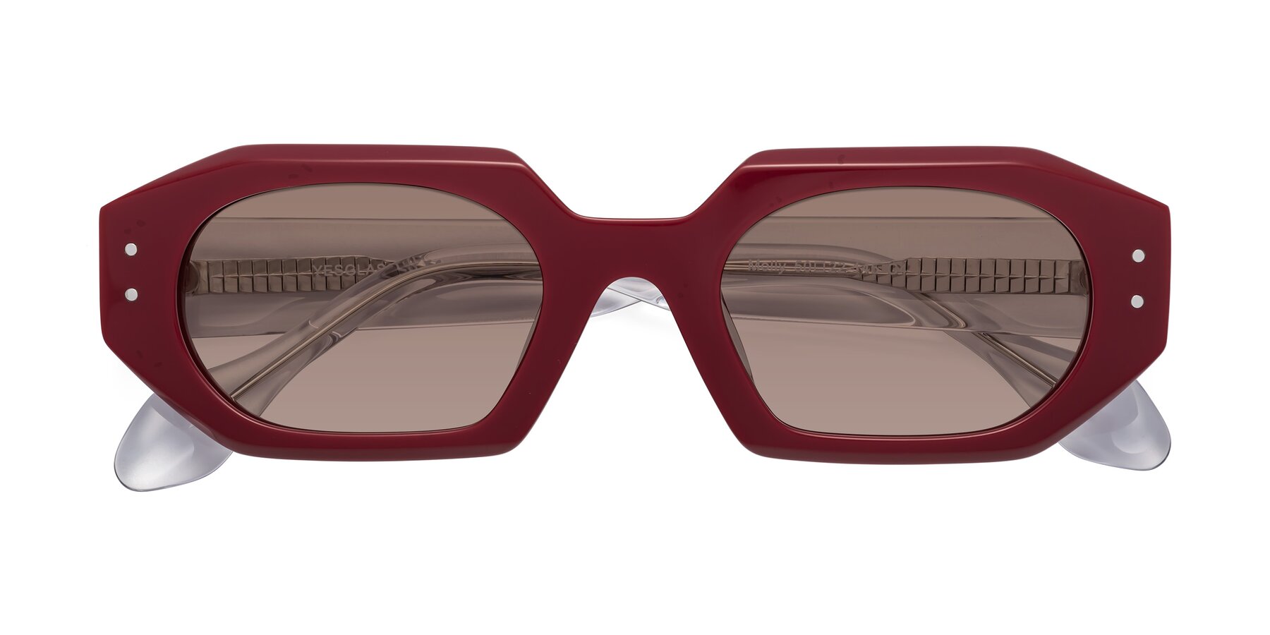 Folded Front of Molly in Maroon-Clear with Medium Brown Tinted Lenses