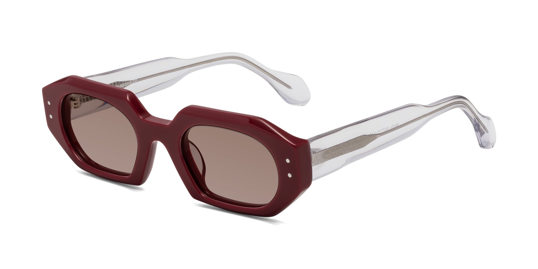Angle of Molly in Maroon-Clear with Medium Brown Tinted Lenses