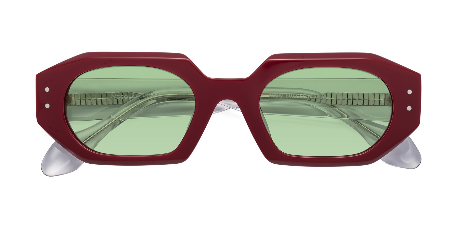 Folded Front of Molly in Maroon-Clear with Medium Green Tinted Lenses