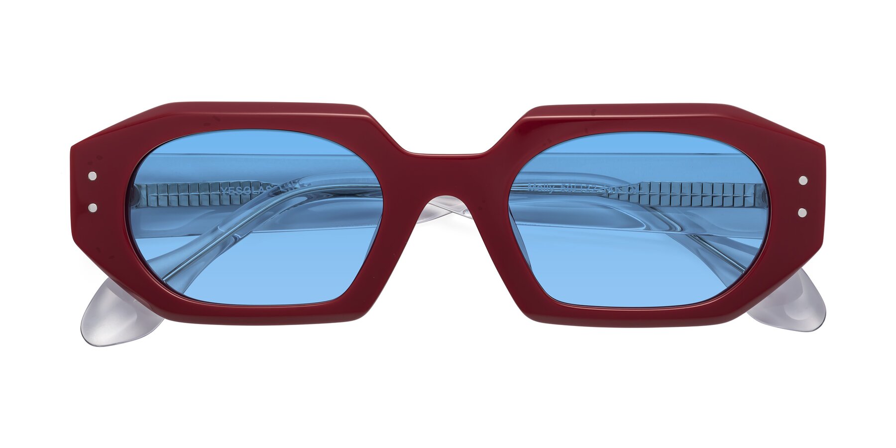Folded Front of Molly in Maroon-Clear with Medium Blue Tinted Lenses